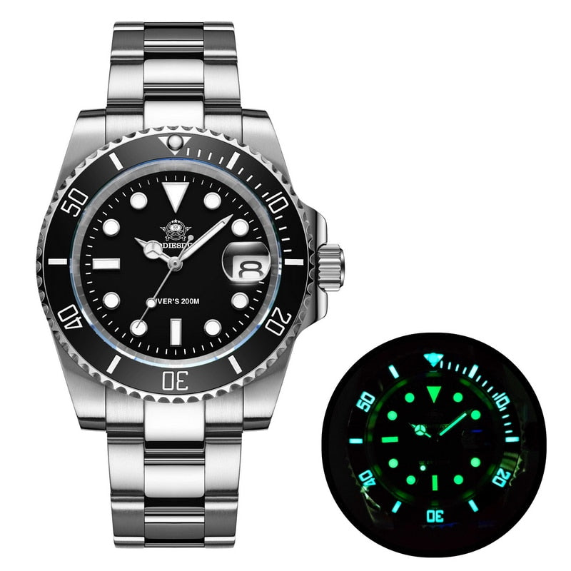 Addies Dive Men High Quality Watch 200m Waterproof Quartz Watch Ceramic Bezel Calendar Display C3 Super Luminous Watches steel black, China
