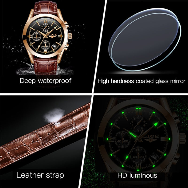 Men Watches Top Brand Luxury Military Quartz Watch Premium Leather Waterproof Sport Chronograph Watch for Men