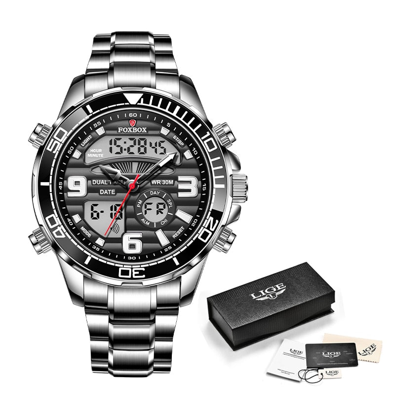 New Mens Watch Luxury Business Digital Dual Display Quart Watch For Men Waterproof Luminous Chronograph Wristwatch