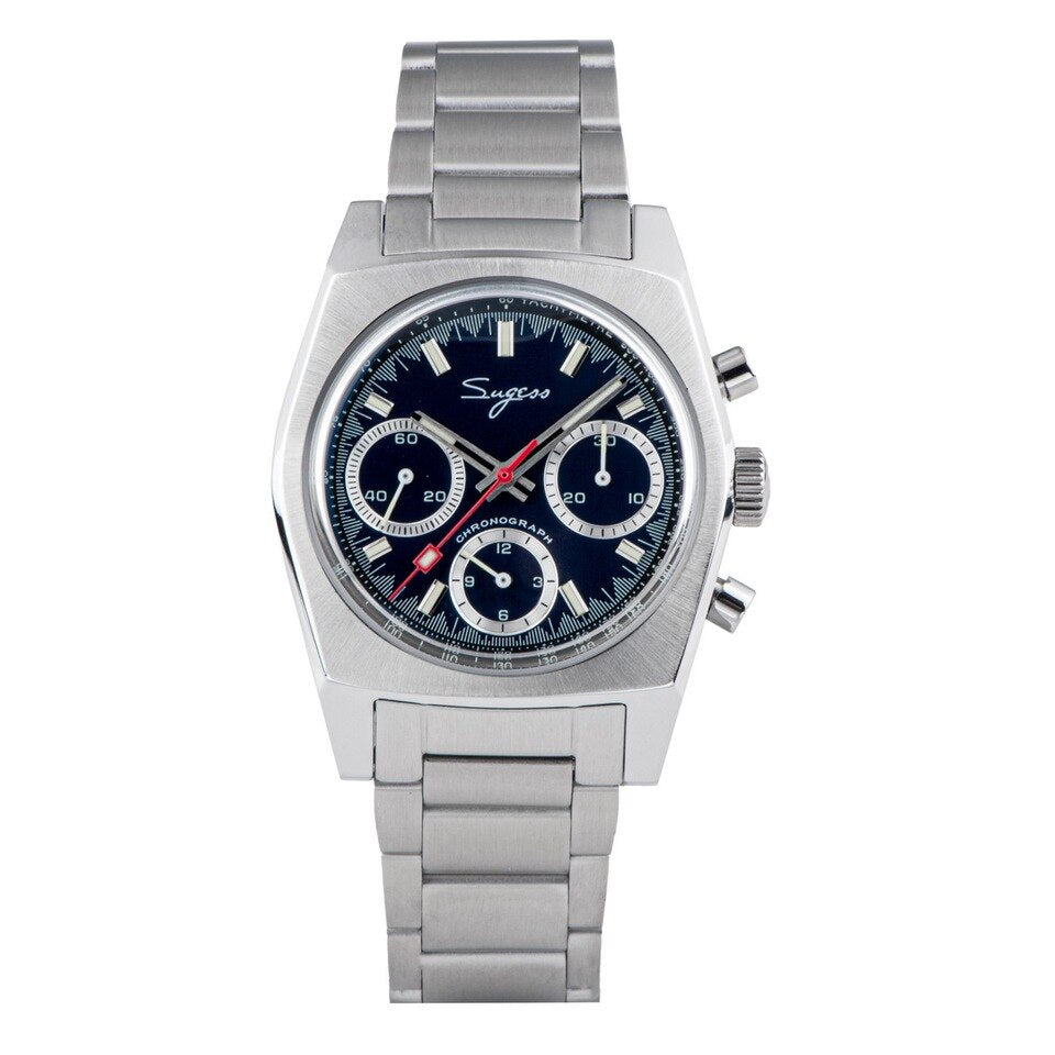 Sugess New 37mm Chronograph Watch of Men Seagull ST1902 Swanneck Movement Waterproof Mechanical Wristwatches Dome Sapphire Blue Bracelet, S419