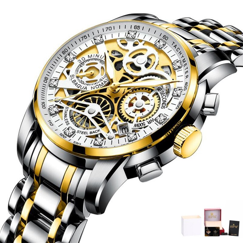 Men Watches Tourbillon Rotating Window Top Luxury Brand Fashion Quartz Men Watch Waterproof Gold Steel Business Wristwatch Silver gold with box