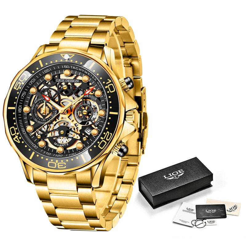 Gold Mens Watche Top Brand Luxury Stainless Steel Quartz Watch For Men Waterproof Sport Clock Male Chronograph