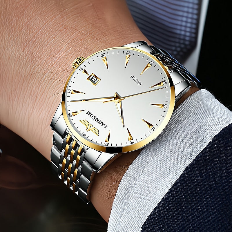 Casual Sport Chronograph Men Watches Stainless Steel Band Wristwatch Big Dial Quartz Clock with Luminous Pointers