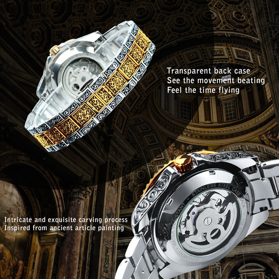 Forsining Automatic Tourbillon Watch for Men Mechanical Skeleton Mens Watches Top Brand Luxury Engraved Vintage Moon Phase Steel