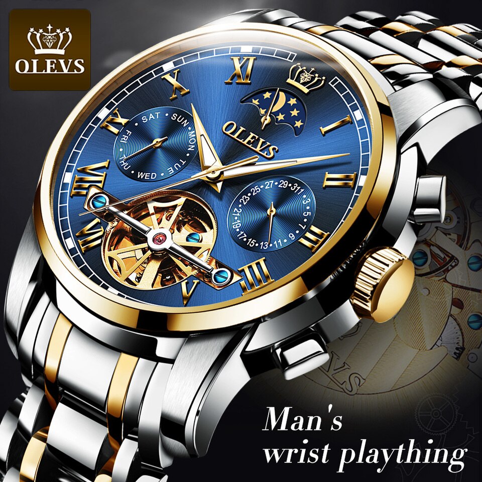 New Men OLEVS Mechanical Dress Watch Top Brand Men Watch Automatic Dress Luxury Moon Light Phase Tour Billon Wristwatch Gifts for Male