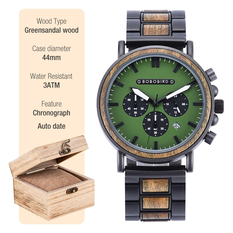 New Wooden Watch Men Stylish Wood Timepieces Chronograph Military Quartz Watches in Wood Gift Box