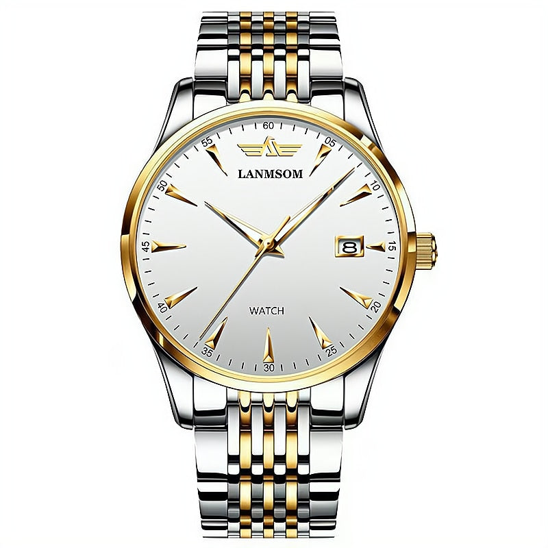 Casual Sport Chronograph Men Watches Stainless Steel Band Wristwatch Big Dial Quartz Clock with Luminous Pointers golden white