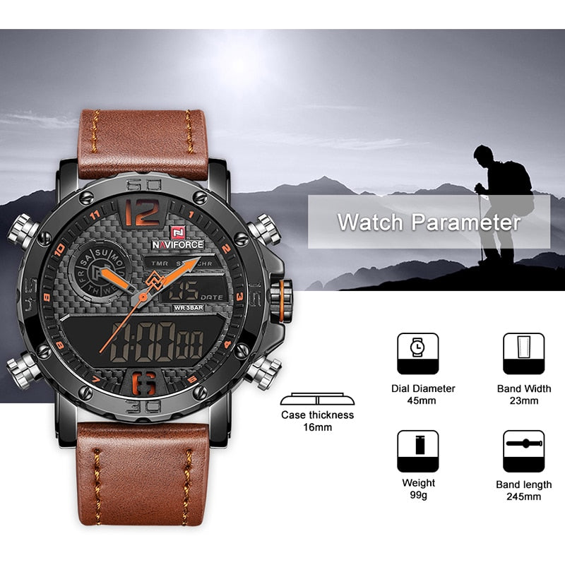 Men Watches To Luxury Brand Men Leather Sports Watches NAVIFORCE Men Quartz LED Digital Clock Waterproof Military Wrist Watch
