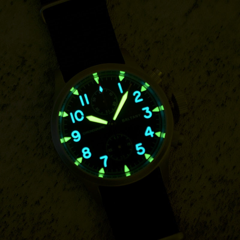 Baltany Retro Quartz Chronograph Watch Stainless Steel Case Fabric Strap 100M Waterproof Multifunction Military Watches