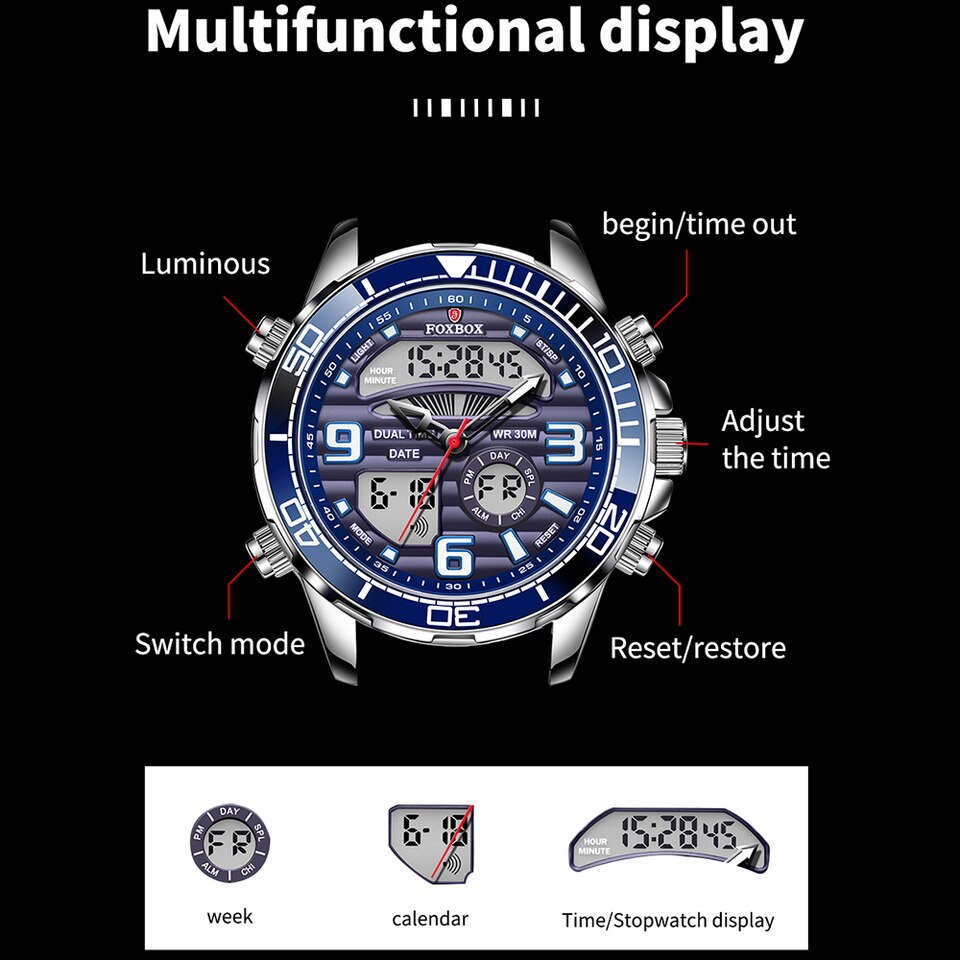 New Mens Watch Luxury Business Digital Dual Display Quart Watch For Men Waterproof Luminous Chronograph Wristwatch