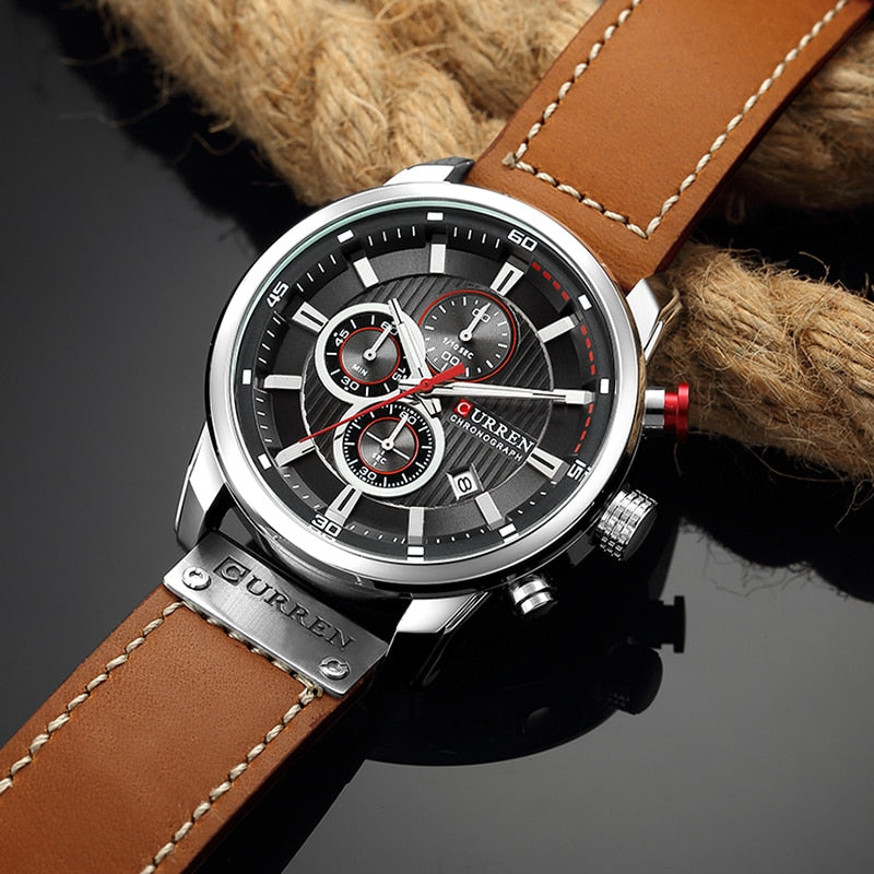 New Men Leather Sports Watches Men's Army Military Quartz Wristwatch Chronograph Male Clock Relogio Masculino