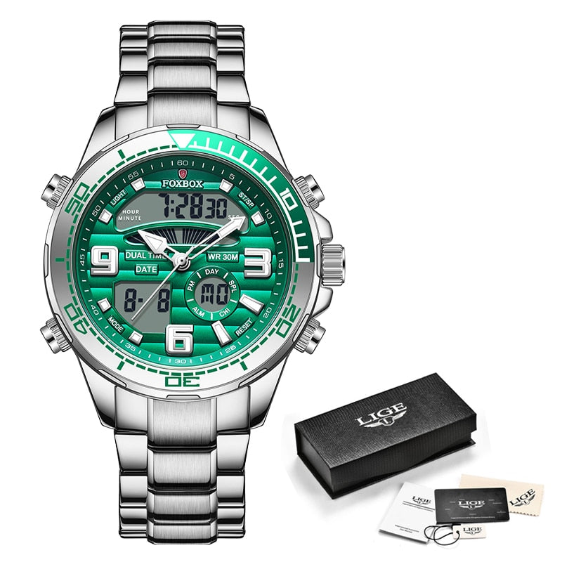 New Mens Watch Luxury Business Digital Dual Display Quart Watch For Men Waterproof Luminous Chronograph Wristwatch Silver green