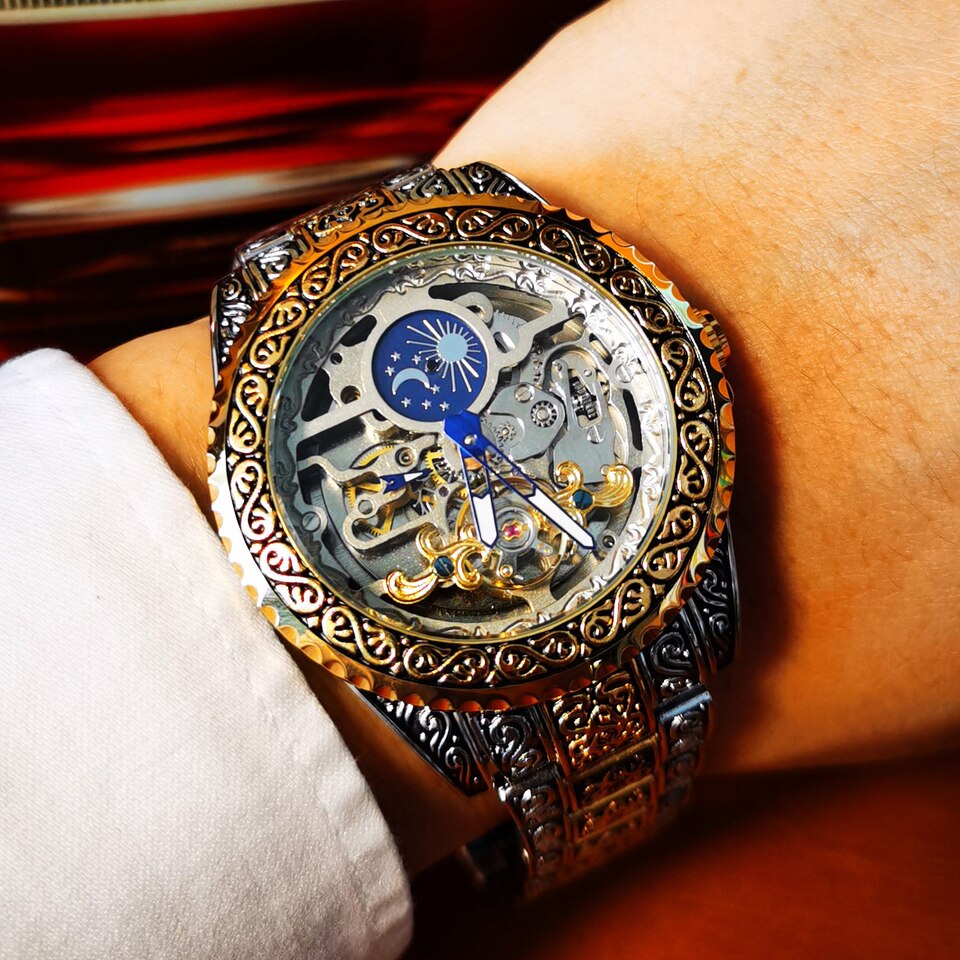 Forsining Automatic Tourbillon Watch for Men Mechanical Skeleton Mens Watches Top Brand Luxury Engraved Vintage Moon Phase Steel