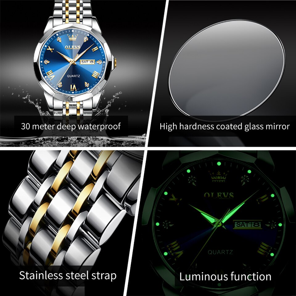 Men Watches Rhombus Mirror Original Quartz Watch for Man Waterproof Luminous Stainless Steel Wristwatch Male Date Week