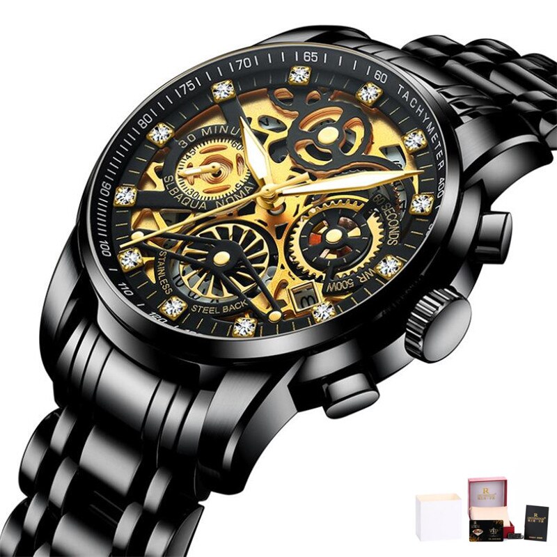 Men Watches Tourbillon Rotating Window Top Luxury Brand Fashion Quartz Men Watch Waterproof Gold Steel Business Wristwatch Black with box