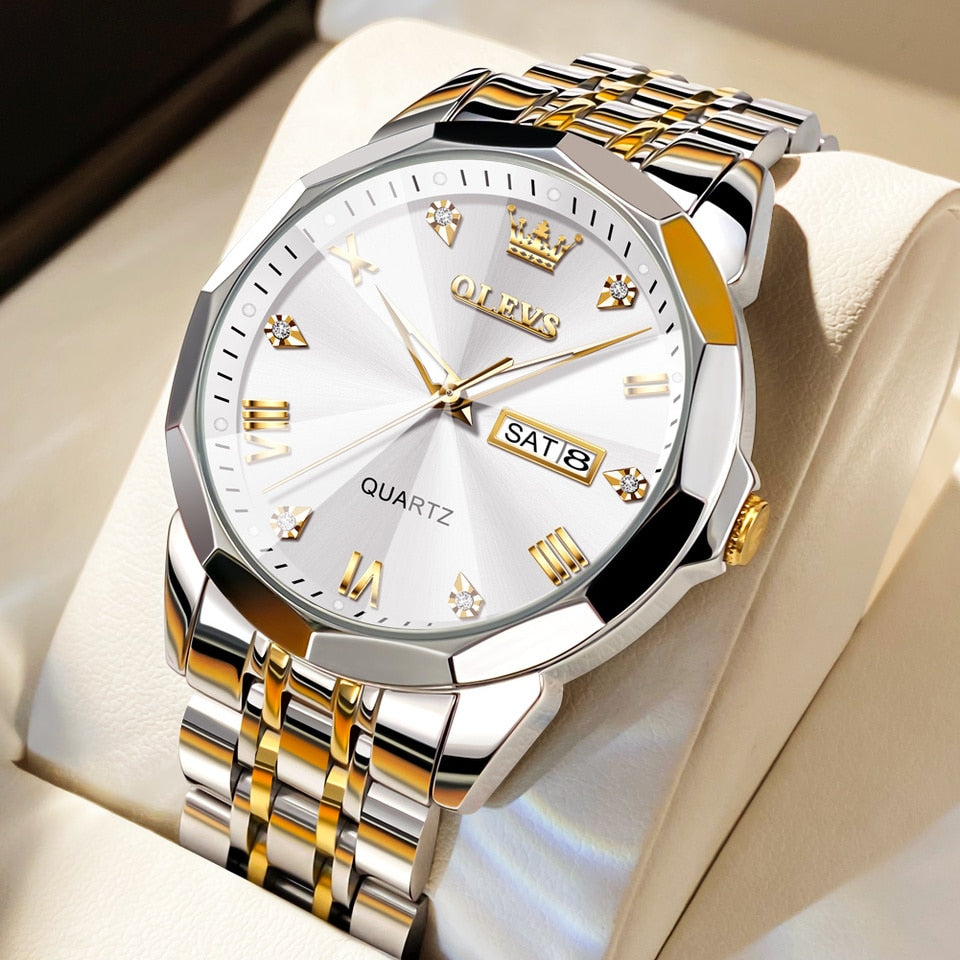 Men Watches Rhombus Mirror Original Quartz Watch for Man Waterproof Luminous Stainless Steel Wristwatch Male Date Week