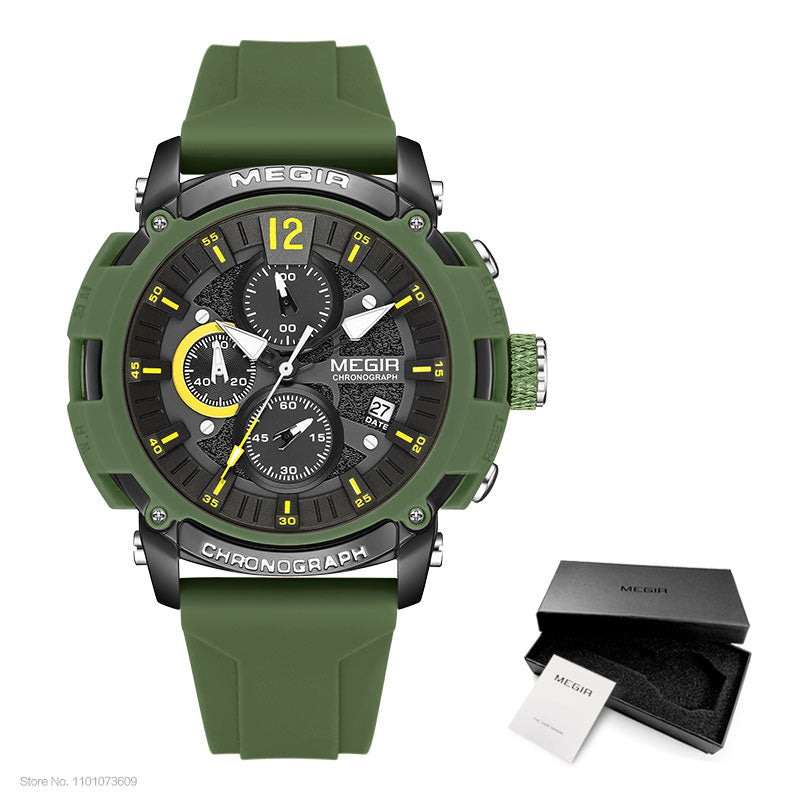 Sport Watches for Men Fashion Waterproof Luminous Chronograph Quartz Wristwatch with Auto Date Silicone Strap
