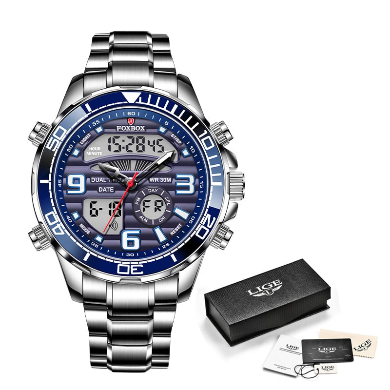 New Mens Watch Luxury Business Digital Dual Display Quart Watch For Men Waterproof Luminous Chronograph Wristwatch