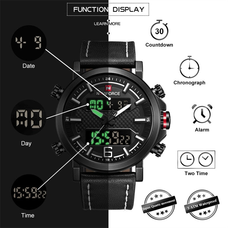 Men Sports Watches Men Quartz LED Digital Clock Top Brand Luxury Male Fashion Leather Waterproof Military Wrist Watch