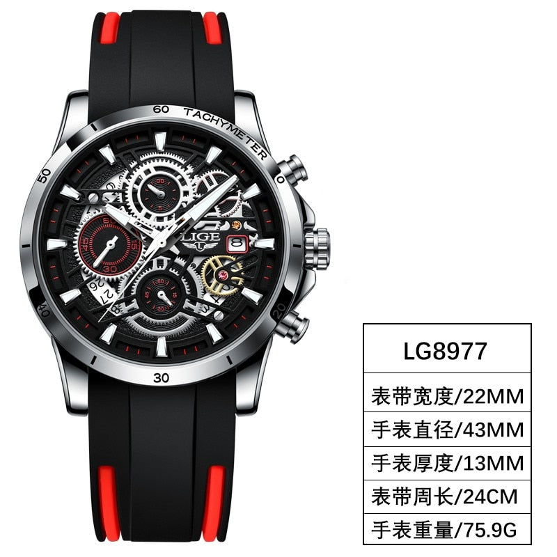 LIGE Mens Watches Brand Luxury Silicone Strap Waterproof Sport Quartz Chronograph Military Watch Men Clock Relogio Masculino+BOX black red