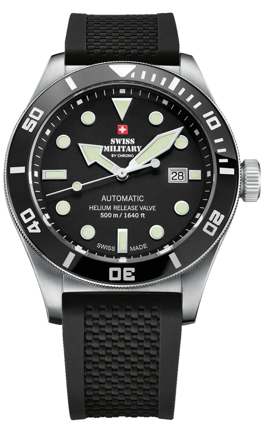 SWISS MILITARY SMA34075.06 SWISS MADE AUTOMATIC DIVE WATCH 500M Black Luxury Watch For Men