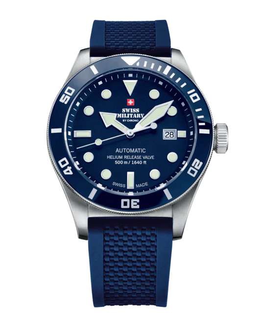 SWISS MILITARY SMA34075.07 SWISS MADE AUTOMATIC DIVE WATCH 500M Blue Luxury Watch For Men