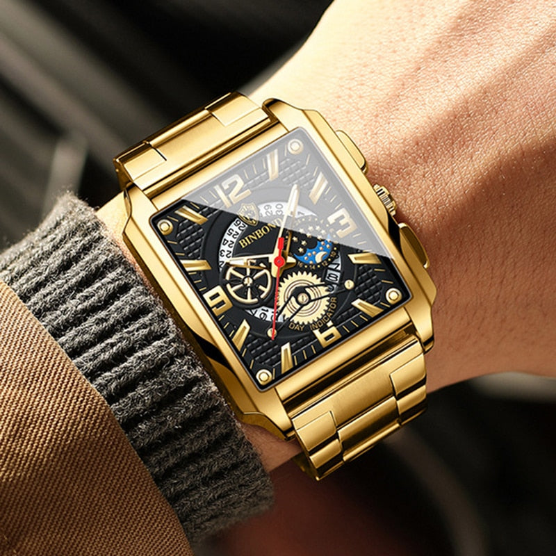Relogio Masculino Wrist Watches Men Top Brand Luxury Golden Men Watches Gold Big Male Wristwatch Man Square Golden Dial