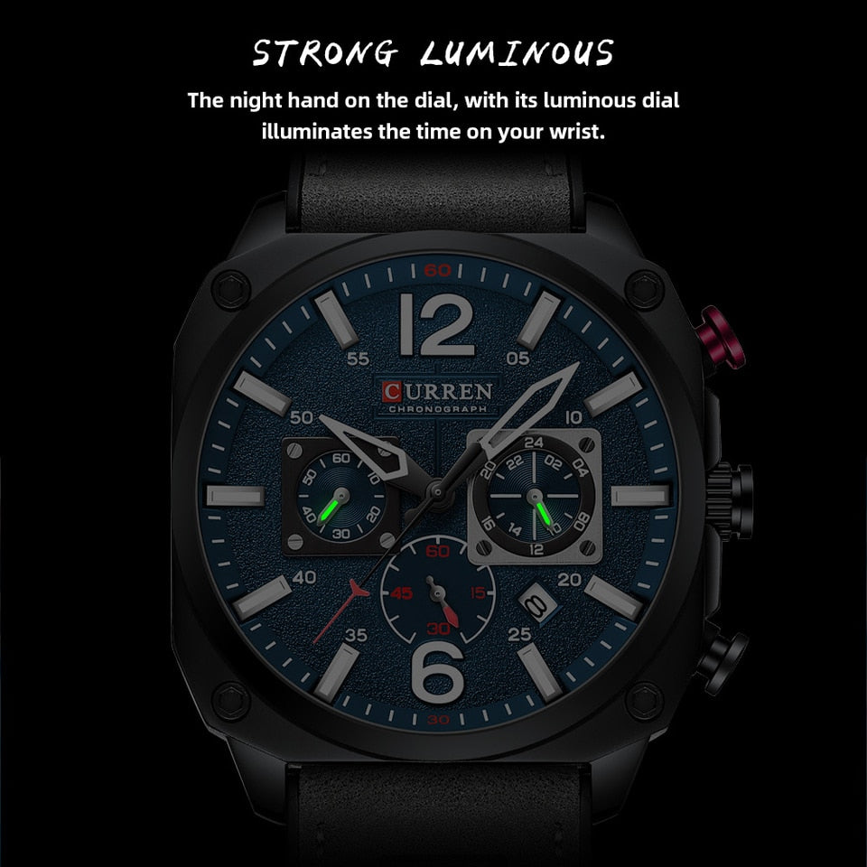 New Men Watch Fashion Waterproof Multi-function Chronograph Clock Leather Six Needle Calendar luminous Quartz Watches