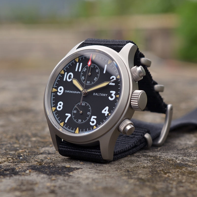 Baltany Retro Quartz Chronograph Watch Stainless Steel Case Fabric Strap 100M Waterproof Multifunction Military Watches