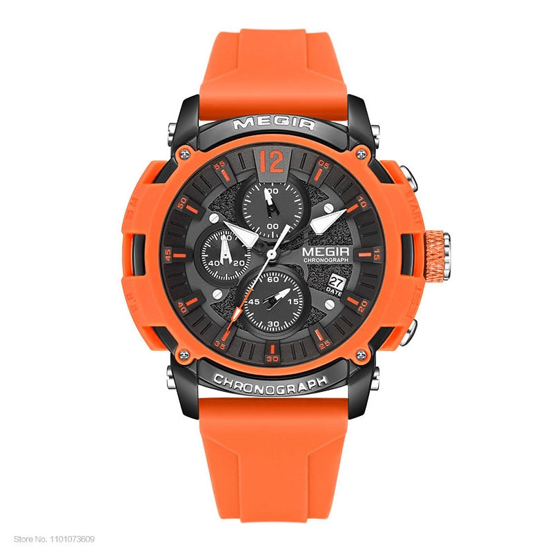 Sport Watches for Men Fashion Waterproof Luminous Chronograph Quartz Wristwatch with Auto Date Silicone Strap Orange