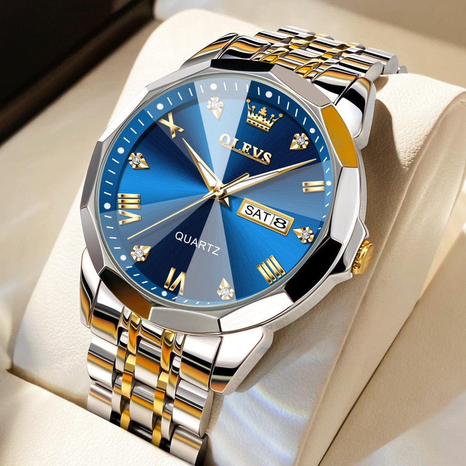 Men Watches Rhombus Mirror Original Quartz Watch for Man Waterproof Luminous Stainless Steel Wristwatch Male Date Week