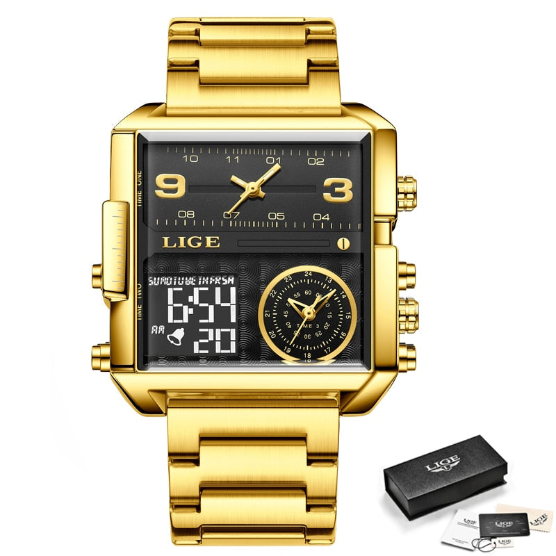 Original Men Sports Wrist Watch Gold Quartz Steel Waterproof Dual Display Clock Watche Relogio Masculino For Men