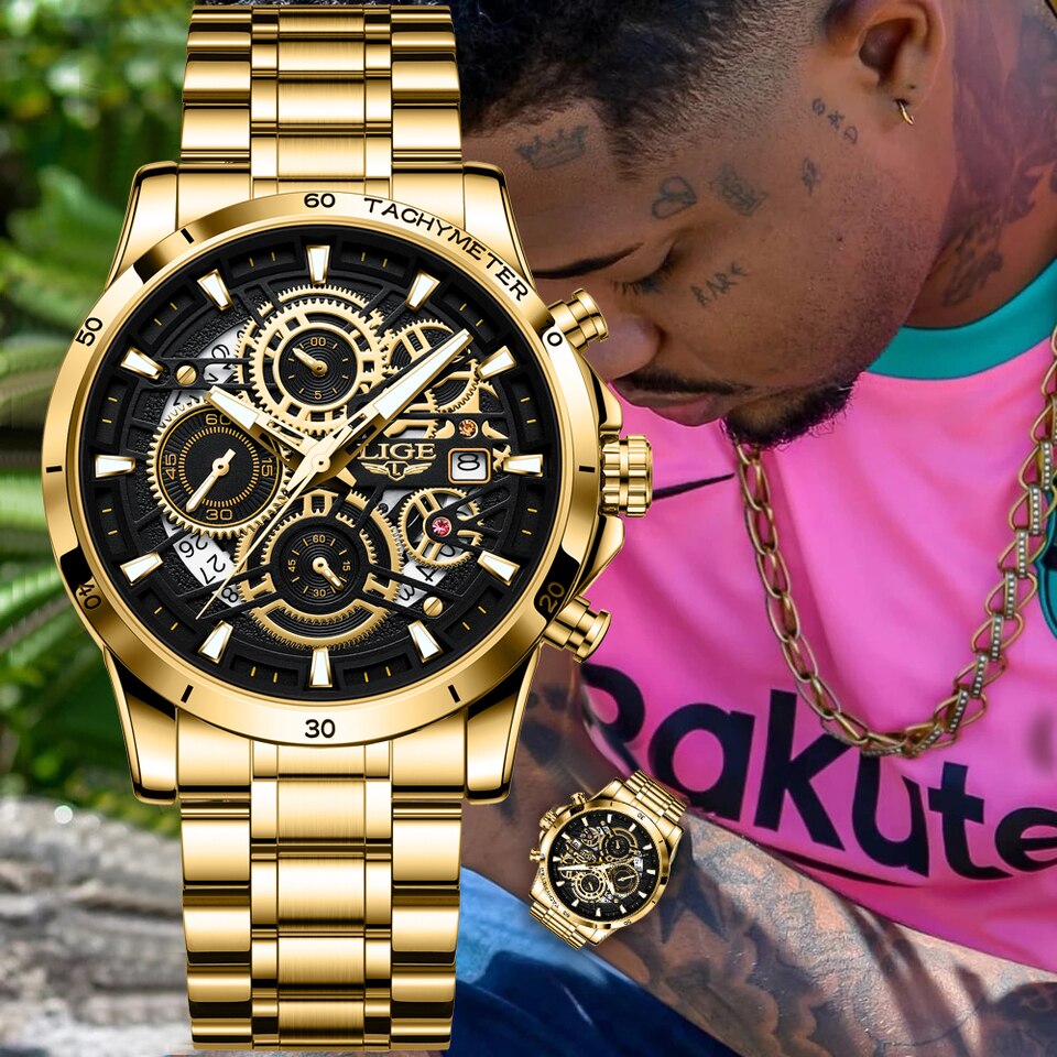 Quartz Watch Men Gold Black Mens Watches Top Brand Luxury Chronograph Sports Watches Luminous Waterproof Relogio Masculino
