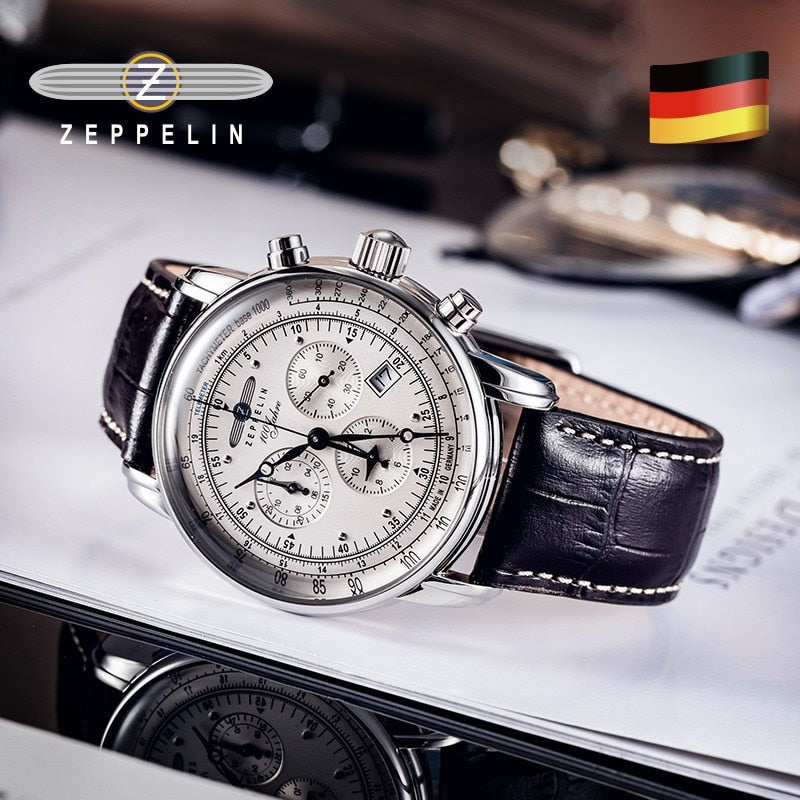 New Zeppelin Watch Fashion Three Eyes Running Second Multifunctional Chronograph Top Leather Business Quartz Watch
