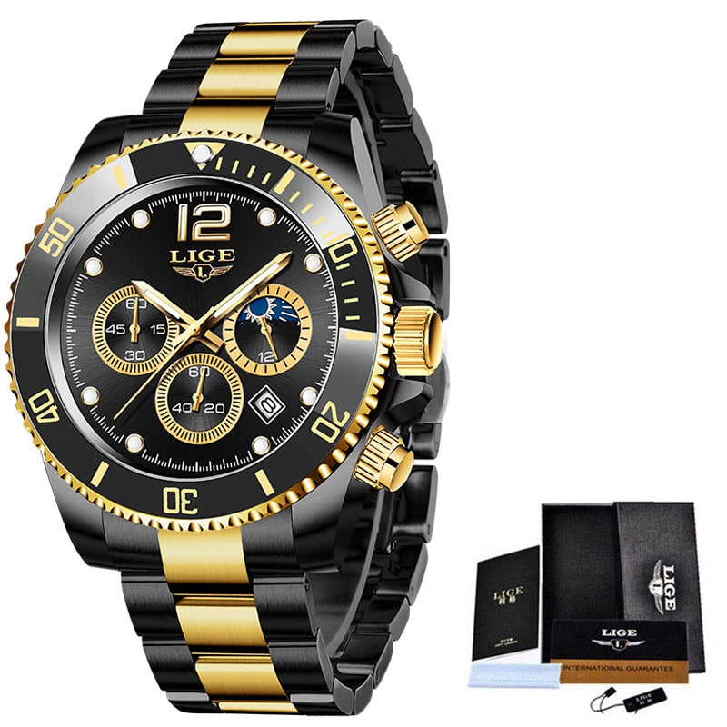 LIGE Watches Men Top Brand Luxury Clock Casual Stainless Steel 24 Hour Moon Phase Men Watch Sport Waterproof Quartz Chronograph