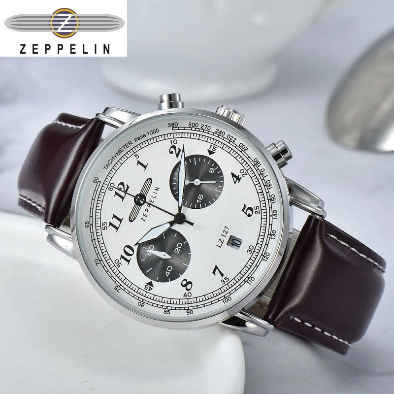 New Zeppelin Watch Fashion Three Eyes Running Second Multifunctional Chronograph Top Leather Business Quartz Watch