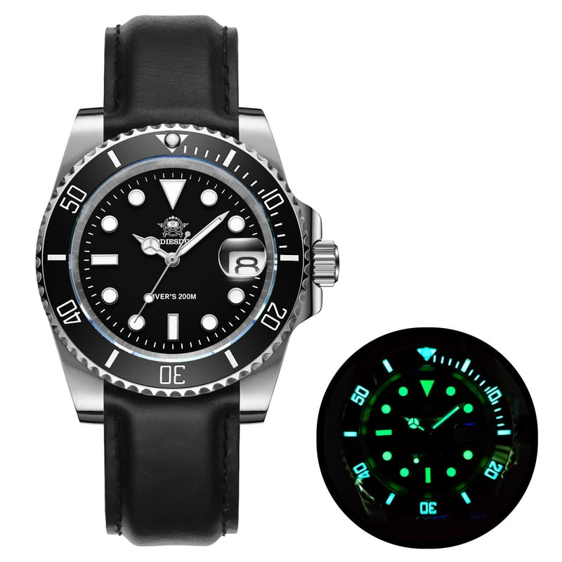 Addies Dive Men High Quality Watch 200m Waterproof Quartz Watch Ceramic Bezel Calendar Display C3 Super Luminous Watches leather black, China