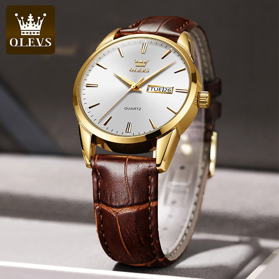 Men Quartz Watches Brand Luxury Casual Fashion Men's Watch For Gifts Breathable leather Waterproof luminous Wristwatch Golden white