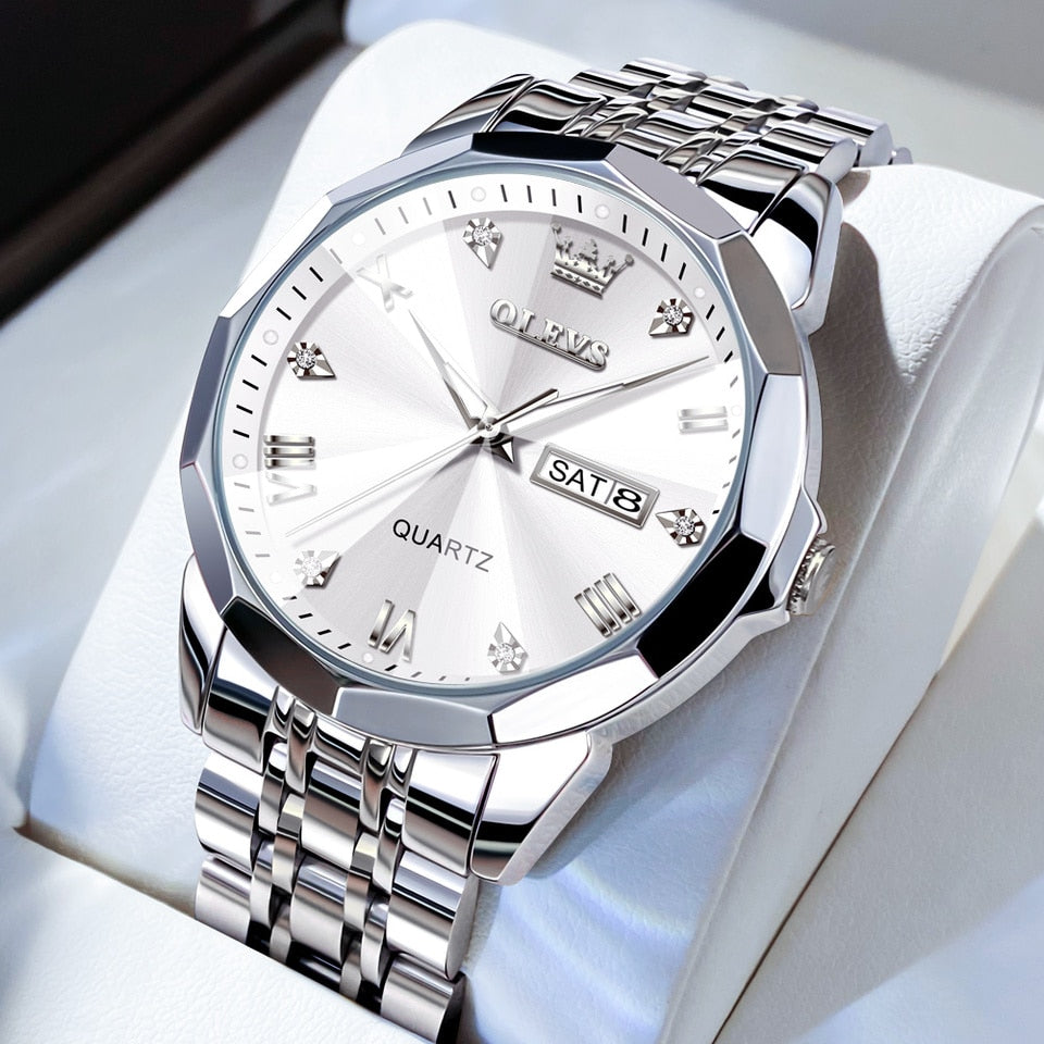 Men Watches Rhombus Mirror Original Quartz Watch for Man Waterproof Luminous Stainless Steel Wristwatch Male Date Week silver white