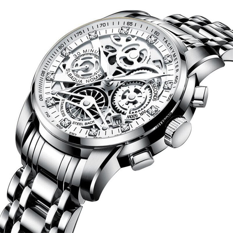 Men Watches Tourbillon Rotating Window Top Luxury Brand Fashion Quartz Men Watch Waterproof Gold Steel Business Wristwatch Silver