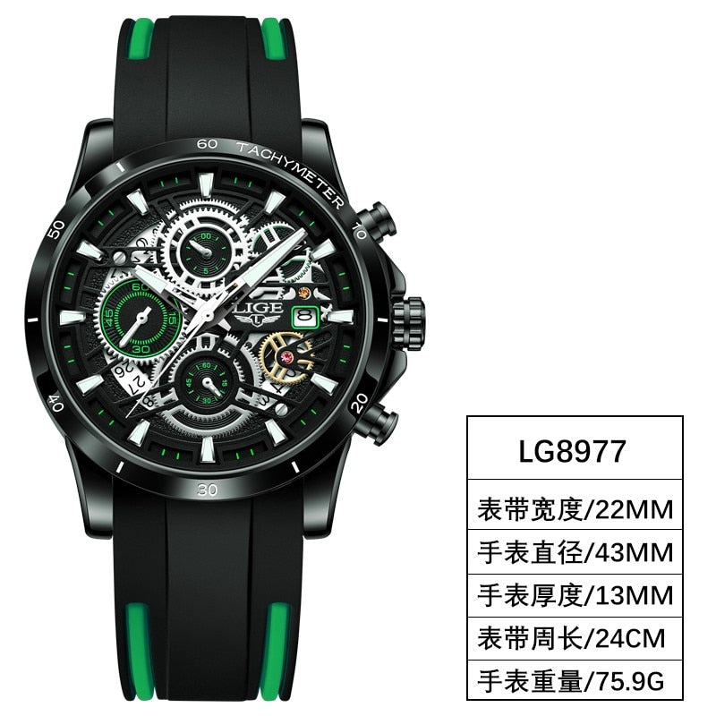 LIGE Mens Watches Brand Luxury Silicone Strap Waterproof Sport Quartz Chronograph Military Watch Men Clock Relogio Masculino+BOX black green