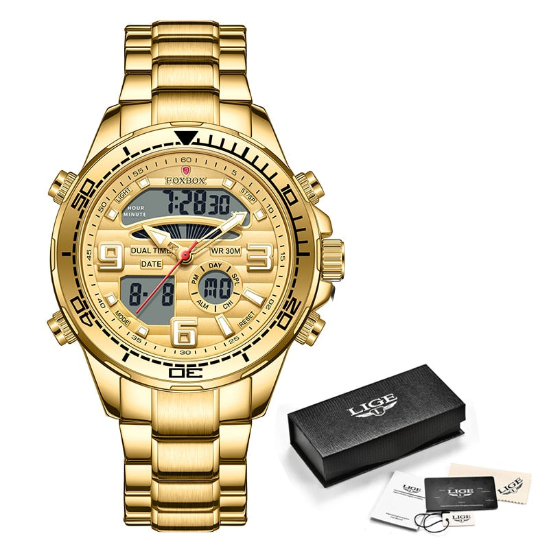 New Mens Watch Luxury Business Digital Dual Display Quart Watch For Men Waterproof Luminous Chronograph Wristwatch