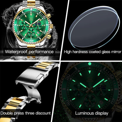 Men Watch Quartz Waterproof Luminous Stainless Steel Watch Green Sport Date Moon phase Wrist Watch for Men Reloj hombres
