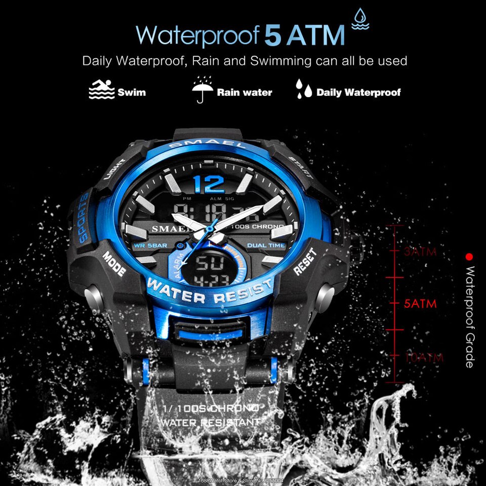 SMAEL Dual Time Army Sport Watch for Men Luminous Waterproof Quart Digital Wristwatch Alarm Clock LED Backlight Calendar 1805