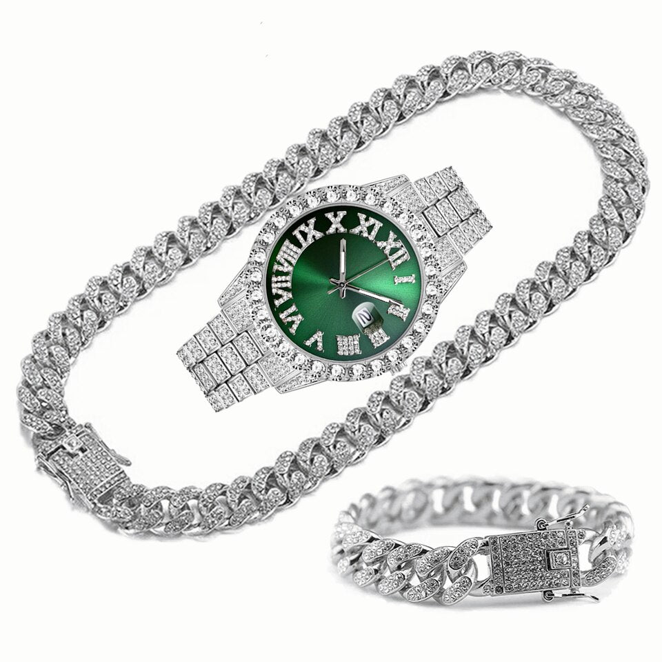 Full Iced Out Watch Mens Cuban Link Chain Bracelet Necklace Choker Bling Jewelry for Men Big Gold Chains Hip Hop Men Watch Set