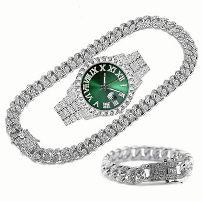 Full Iced Out Watch Mens Cuban Link Chain Bracelet Necklace Choker Bling Jewelry for Men Big Gold Chains Hip Hop Men Watch Set