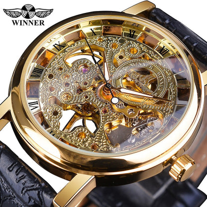 New Men Winner Transparent Golden Watch Luxury Casual Design Brown Leather Strap Mens Watches Top Brand Luxury Mechanical Skeleton Watch