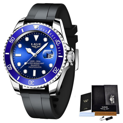 LIGE Top Brand Luxury Fashion Diver Watch Men 3ATM Waterproof Date Clock Sport Watches Mens Quartz Wristwatch Relogio Masculino Silver blue 1, China