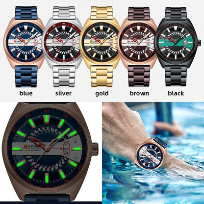 Men Watch Stainless Steel Band Luxury Quartz Wristwatches for Male Creative Design Golden Clock with Luminous