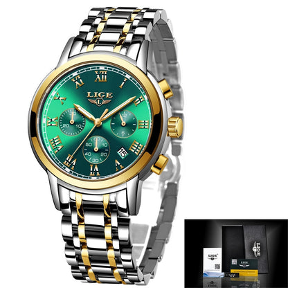 New Fashion Women Watches LIGE Top Brand Ladies Luxury Creative Steel Women Bracelet Watches Female Quartz Waterproof Watch Gift gold green, China